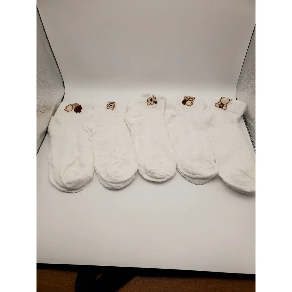 New - Set of 5 Pairs - Cute Embroidered White Ankle Socks
